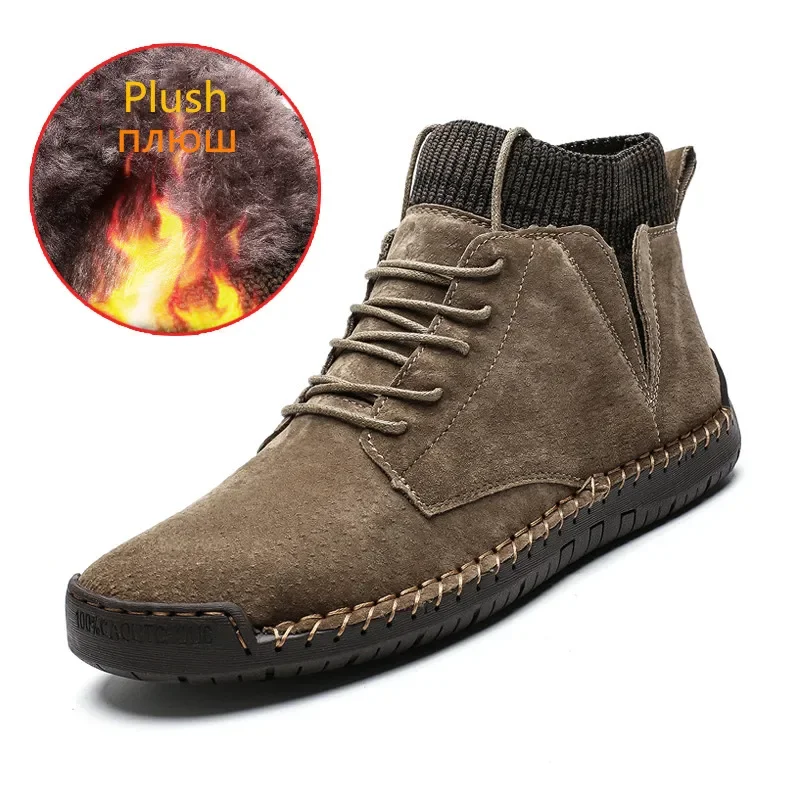 Bottes de neige chaudes en daim de vache pour hommes, chaussures de rinçage, fourrure, peluche, conduite de base, grande taille 48, haute qualité, marque, automne, hiver