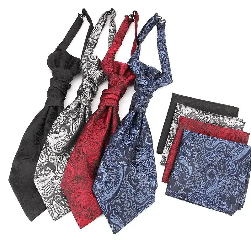 VEEKTIE Brand Ascot Ties Set For Men Pocket Square Paisley Tuxedo Wedding Party Red Black Blue White Festival Gift Old HONGKONG