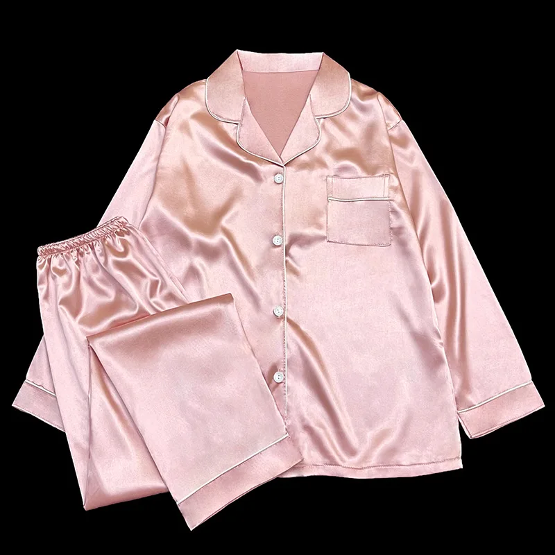 

New Solid-Color Ice-Silk Long-Sleeve Nightgown for Women Comfortable Outerwear-Style Loungewear Casual Cardigan Collar Set