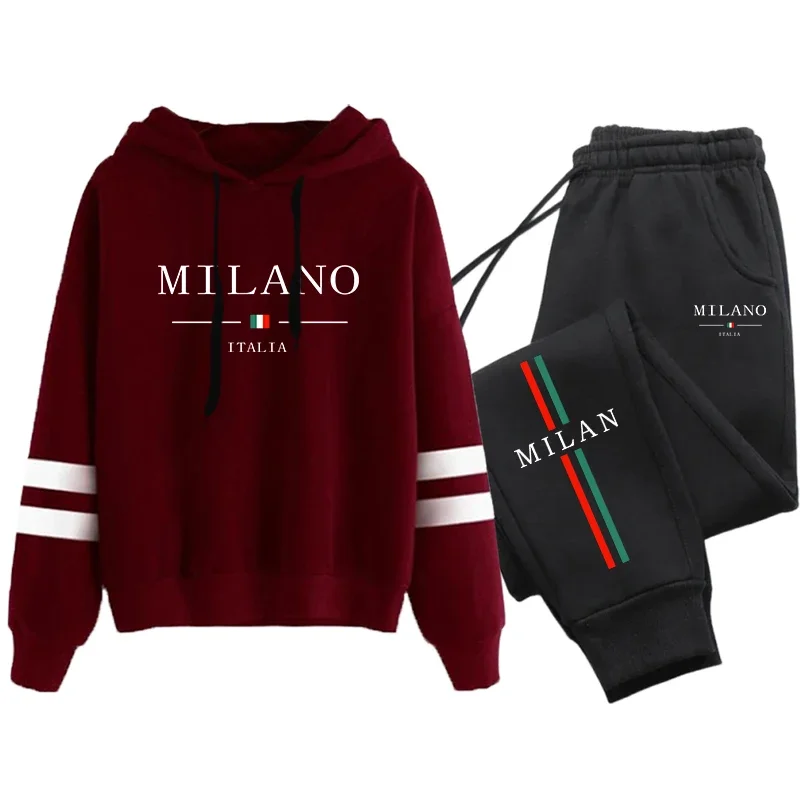 Italy Milan Women's Tracksuit Hooded Sweatshirts and Black Sweatpants High Grade Ladies Casual Sports Outfits Fashion Streetwear