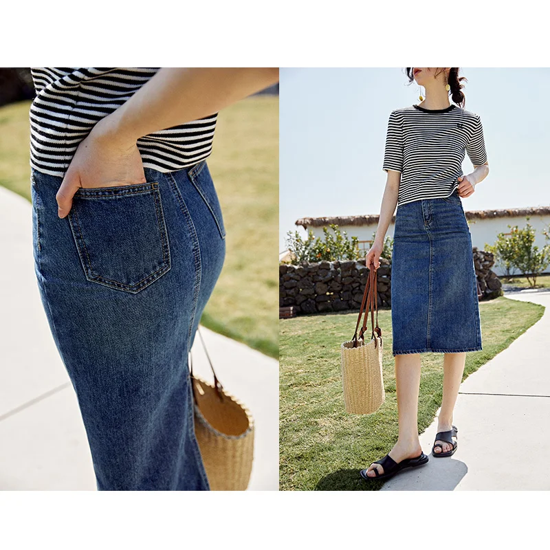 Swedish niche Türkiye imported fabric high waist straight tube rear slit wash denim skirt