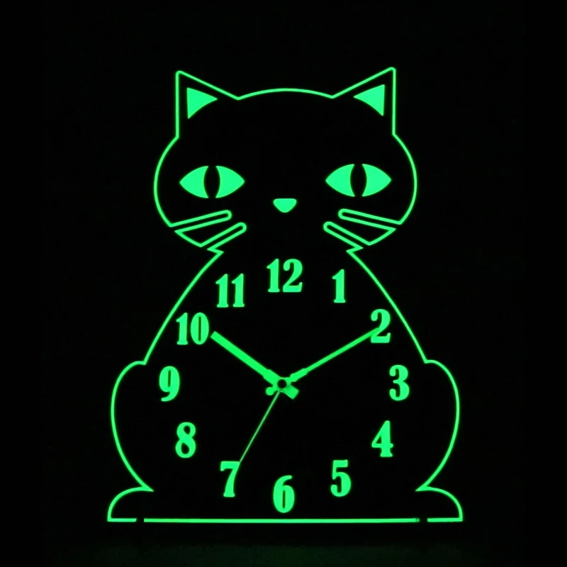 Wall Clock with Numerals Hands Glow Dark Cat Shape Night Light Wall Clock Retro Wooden Wall Indoor Living Room Clock Luminous