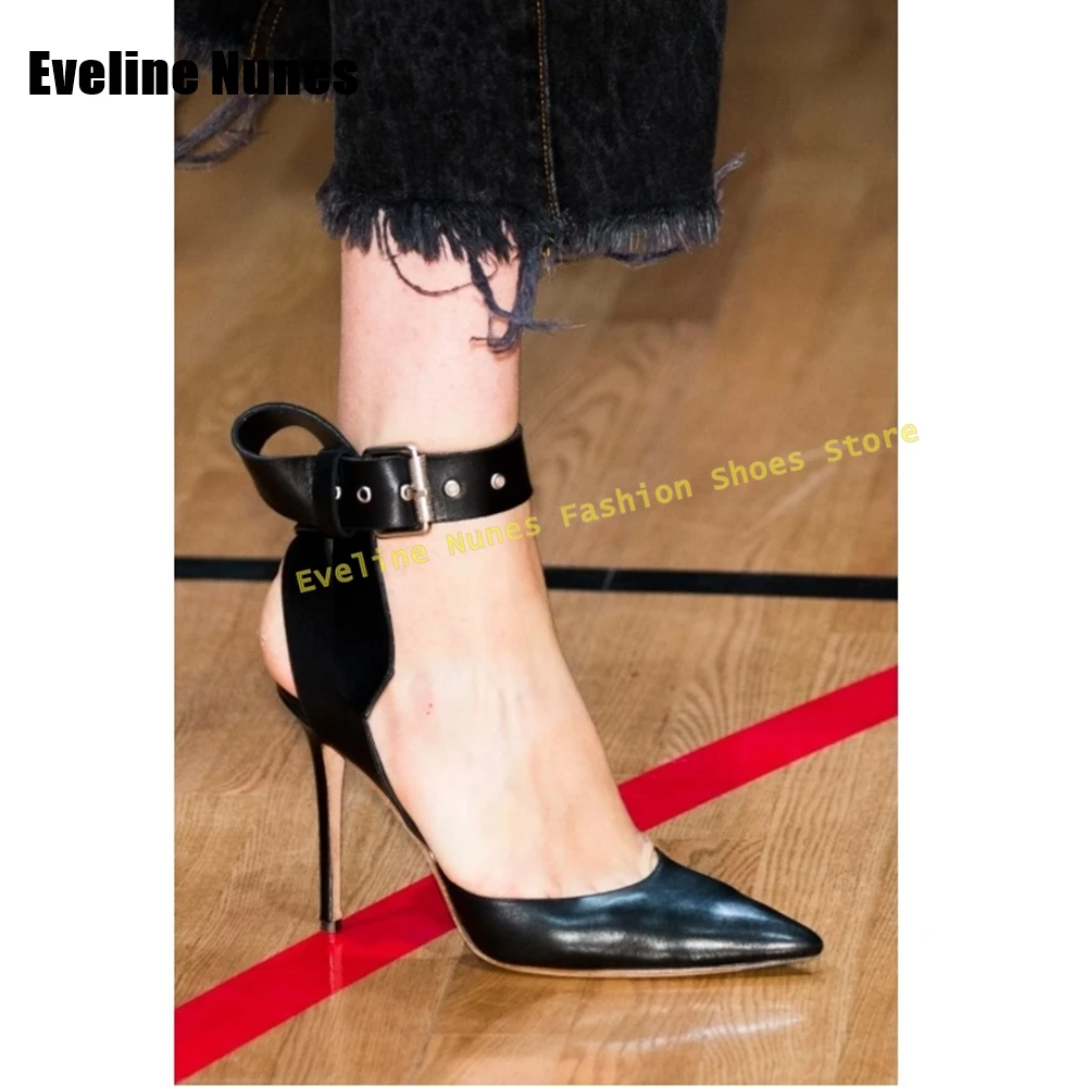 

Black Belt Buckle Slingback Pumps Pointed Toe Stiletto Side Air Ankle Strap Women Sexy Runway Show Shoes 2025 Summer New Style