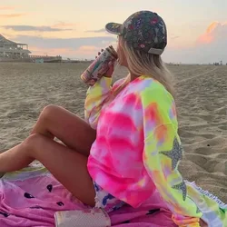 2023 Nieuwe Vrouwen Casual Tie Dye Print Crewneck Harajuku Sweatshirt Losse Streetwear Y 2K Lange Mouw Hoodies Plus Size Kleding