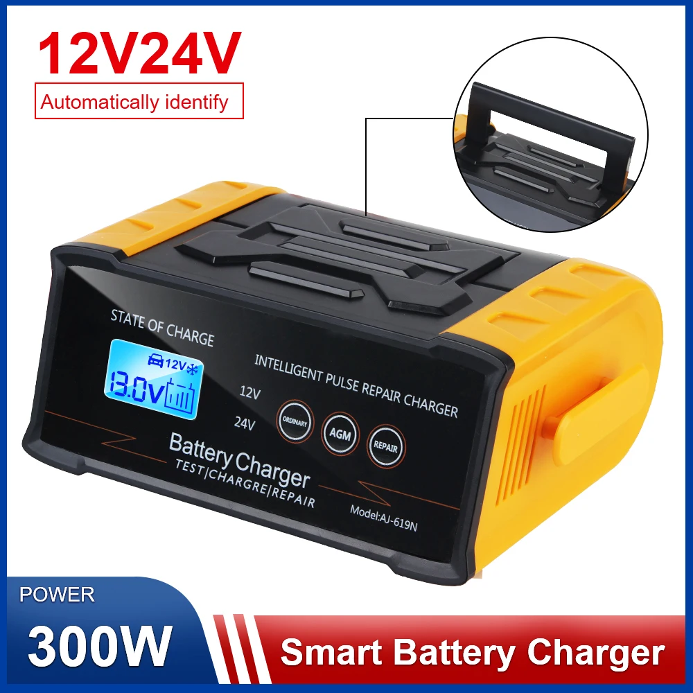 Pulse Repair Battery Charging LED Display 12V 24V 300W Motorcycle SUV Truck Multifunctional Smart Car Battery Charger High Power