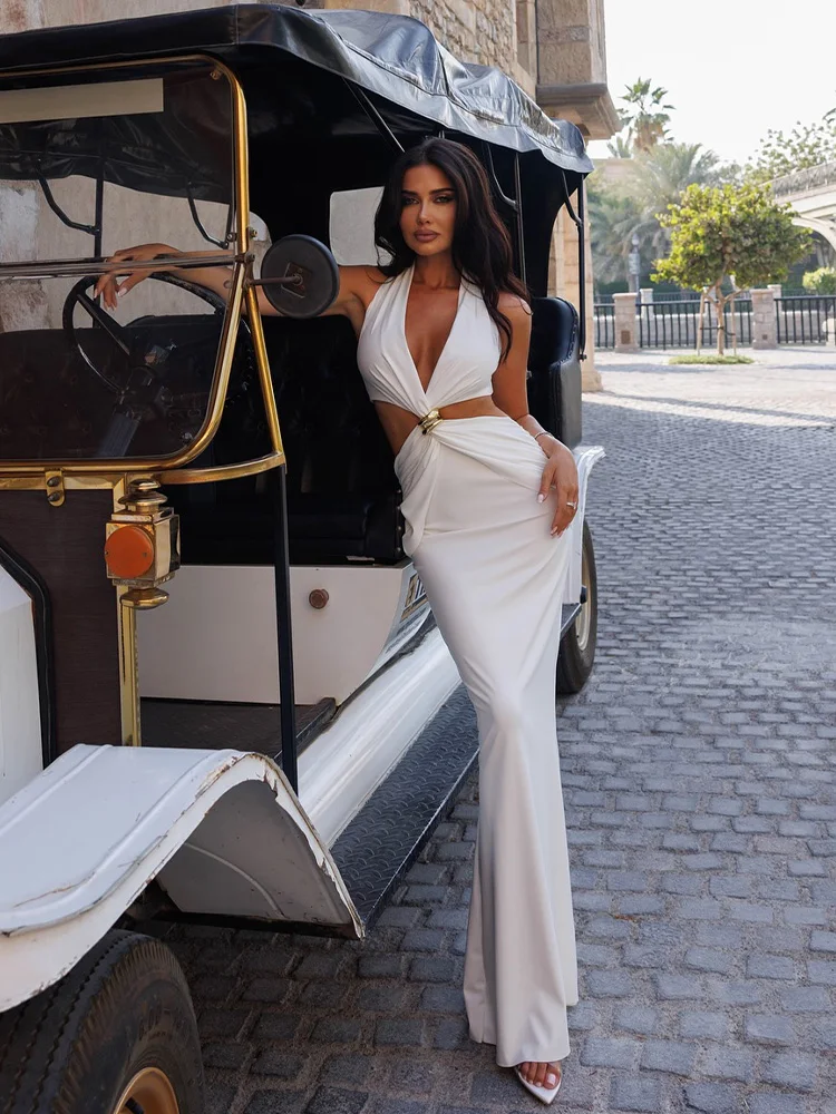 CNYISHE Halter cuello en V moda sólido recortado Sexy Club fiesta mujeres vestidos moda cadera envoltura vaina espalda descubierta trajes femeninos ceñido al cuerpo