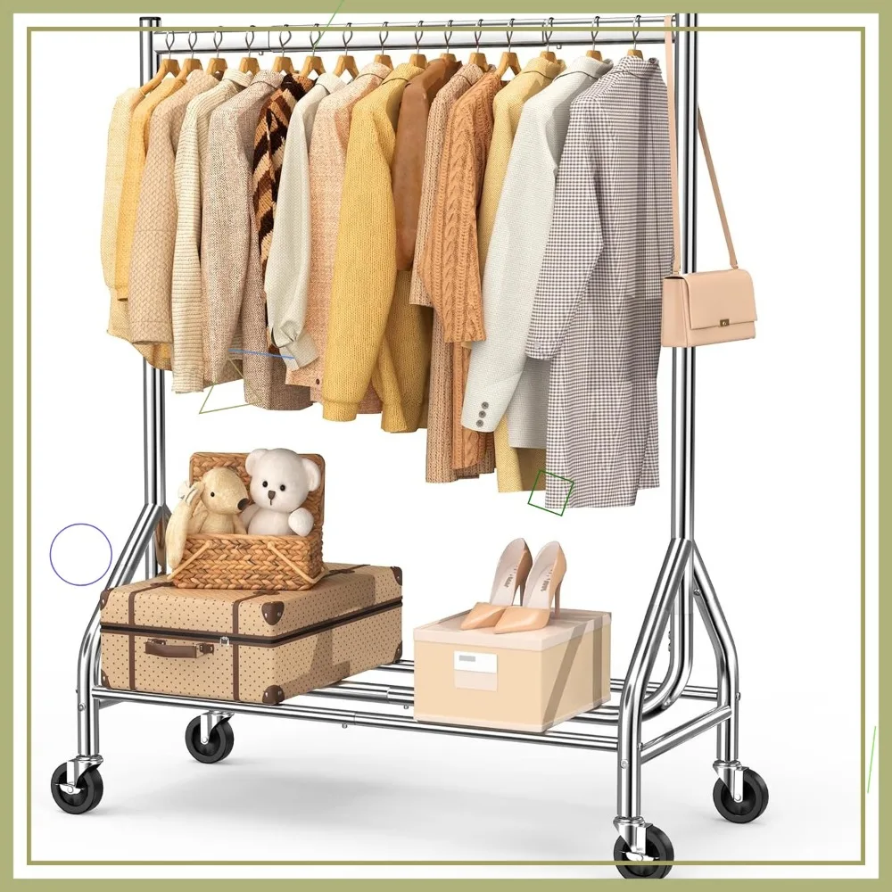 Heavy Duty Rolling Clothes Rack with Lockable Wheels, Supports 420 LBS, Includes Shelves for Sturdy Storage (Silver)