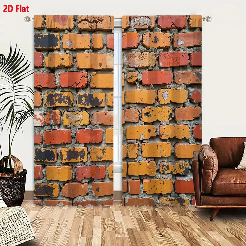 2Pcs Curtains 2D Flat Aged Brick Wall With Reddish Brown And Orange Bricks Showing Weathering And Peeling Paint Window Drapes fo