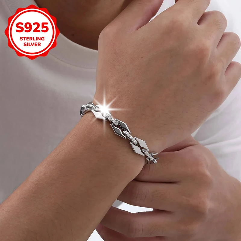 

925 sterling silver hip-hop trend diamond-shaped tooth pattern men's bracelet is suitable as a Valentine's Day and birthday gift