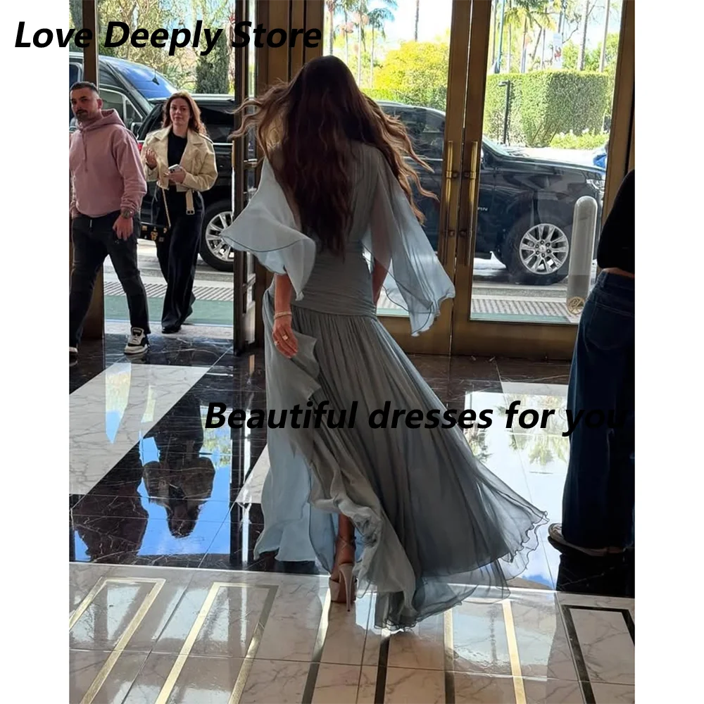 Seksowne Sukienki na Bal Maturalny dla Kobiet Dekolt V Długie Rękawy Aplikacje Koraliki Szyfonowa Linia A Długość do Podłogi Suknia Wieczorowa Szyta na Miarę