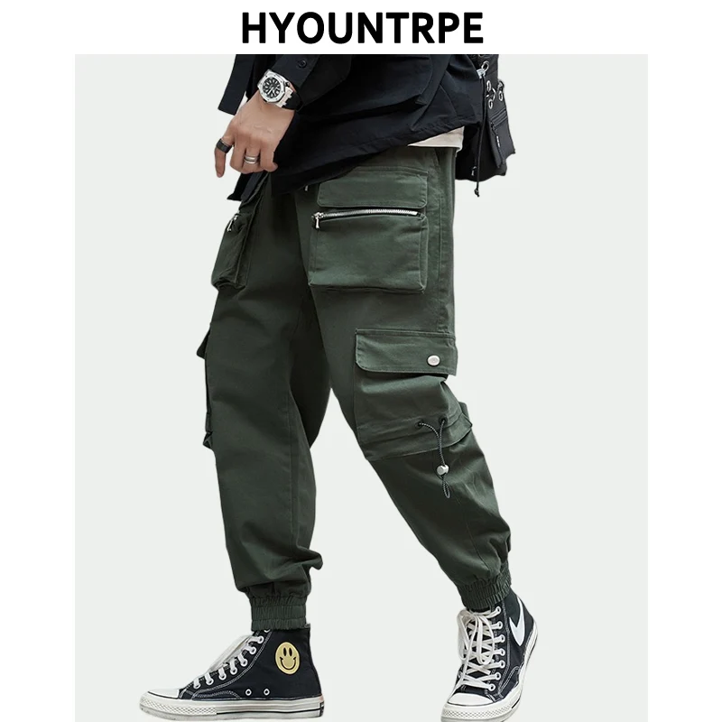 Hip hop solto ajuste elástico cintura carga calças moda militar bolsos tornozelo calças dos homens drewstring sweatpants corredores