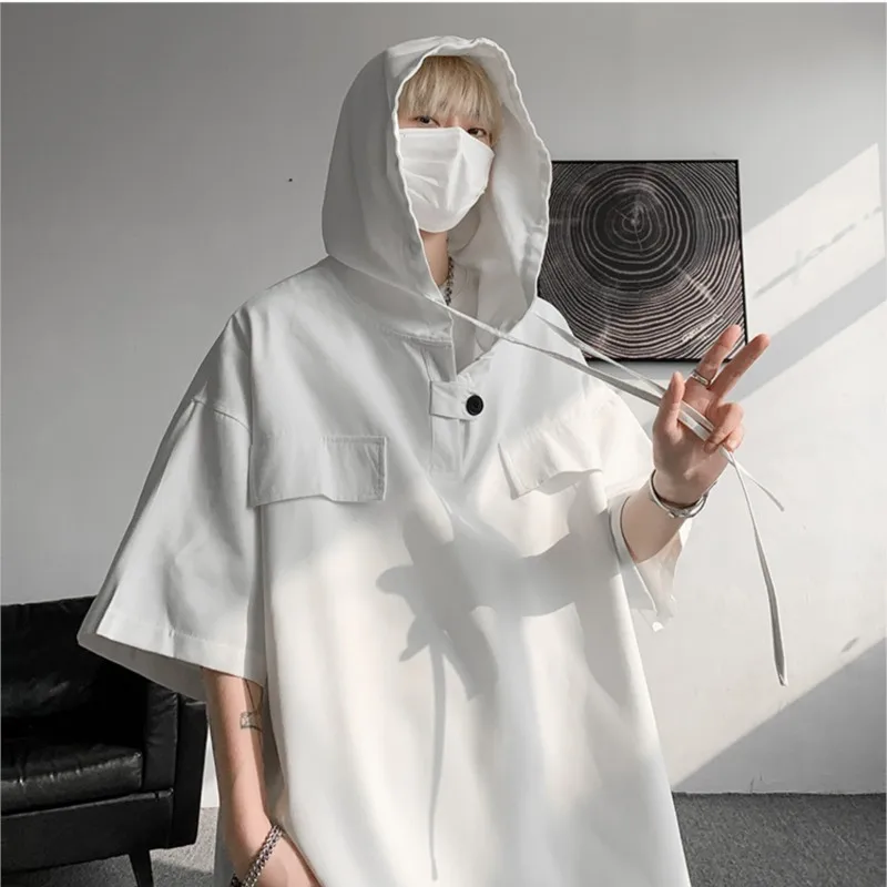 Summer Hooded T shirt Men 2025 NEW Korean Half Sleeve Pullover Streetwear Loose T-shirt Tops Drawstring Men Clothing Fashion