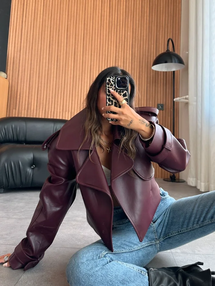 Women's Red Pu Leather Burgundy Solid Lapel Cropped Jackets Female Pockets Long Sleeves Short Coat 2025 Lady Autumn Streetwear