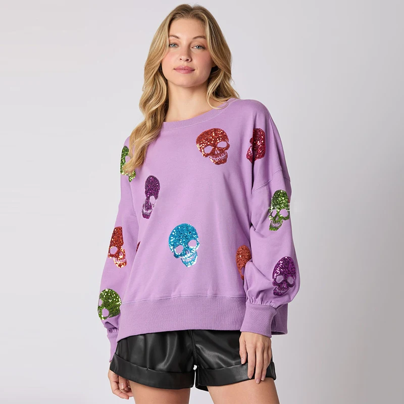 Bobo Halloween Skulls Sequins Sweatshirts Women New Loose Casual Long Sleeve O-neck Hoodies Femme Vintage Chic Y2K Pullover Tops