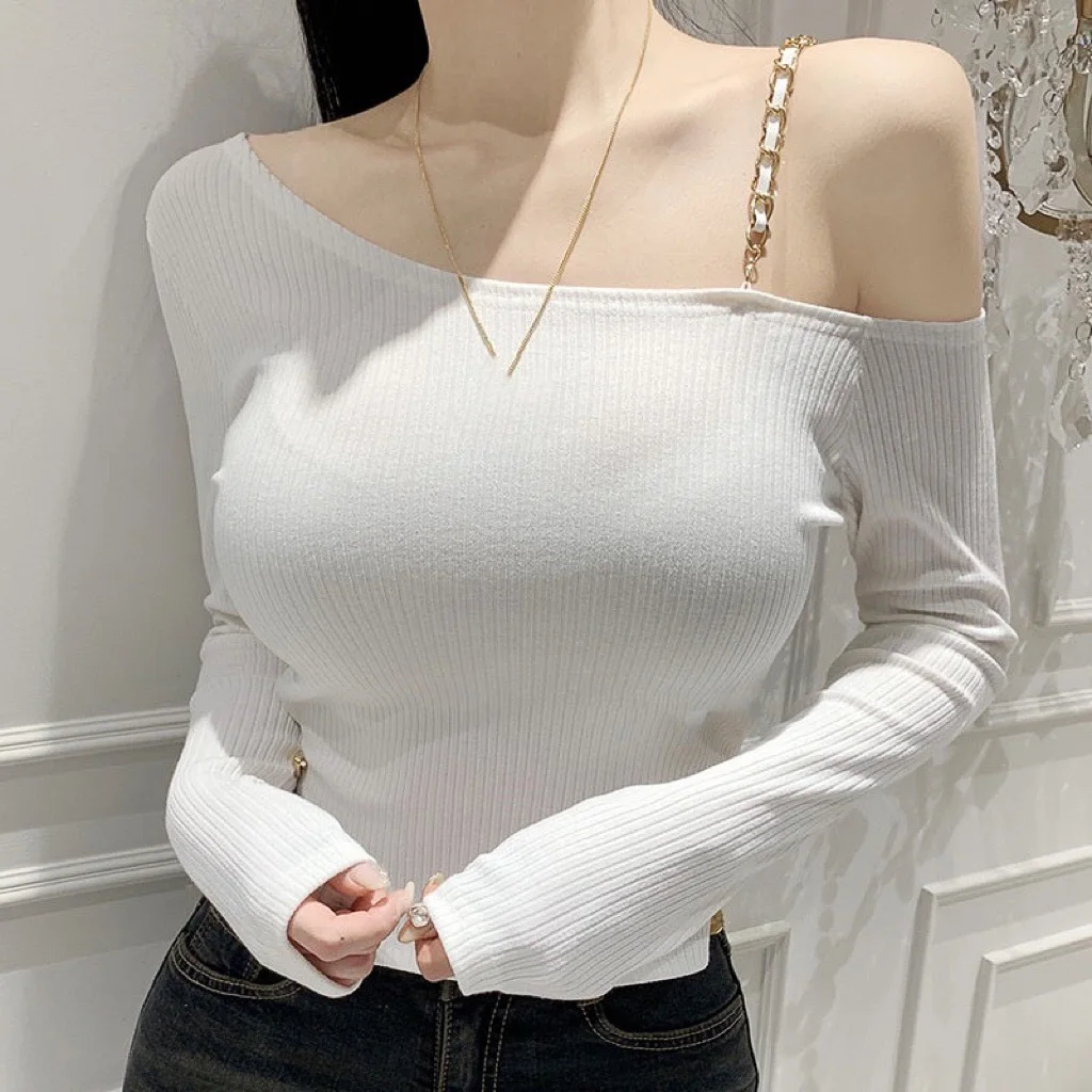 South korea Dongdaemun New Chain Shoulder Strap Highlights Sexy off-Shoulder Split Thread Long sleeve Base T-shirt Women's Top