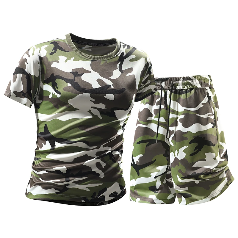 Conjunto de Camiseta y Pantalones Cortos de Camuflaje de Verano para Hombre, Pantalones de Playa para Pareja, Pantalones Cortos Casuales Sueltos hasta la Rodilla, Estilo Transfronterizo de Moda