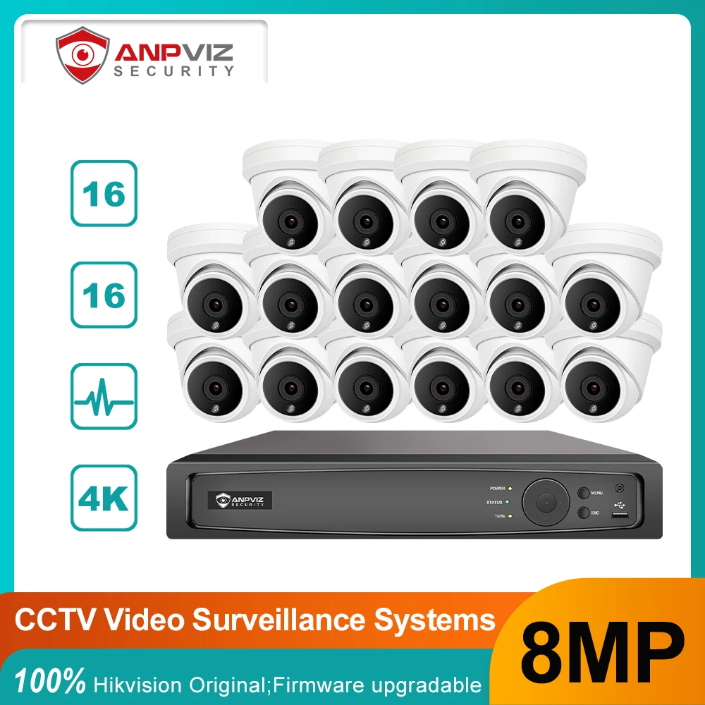 

Anpviz 16CH NVR 8MP Turret POE IP Camera NVR Kit Outdoor Security System 2.8mm Fixed Lens IR NVR Kit P2P View H.265