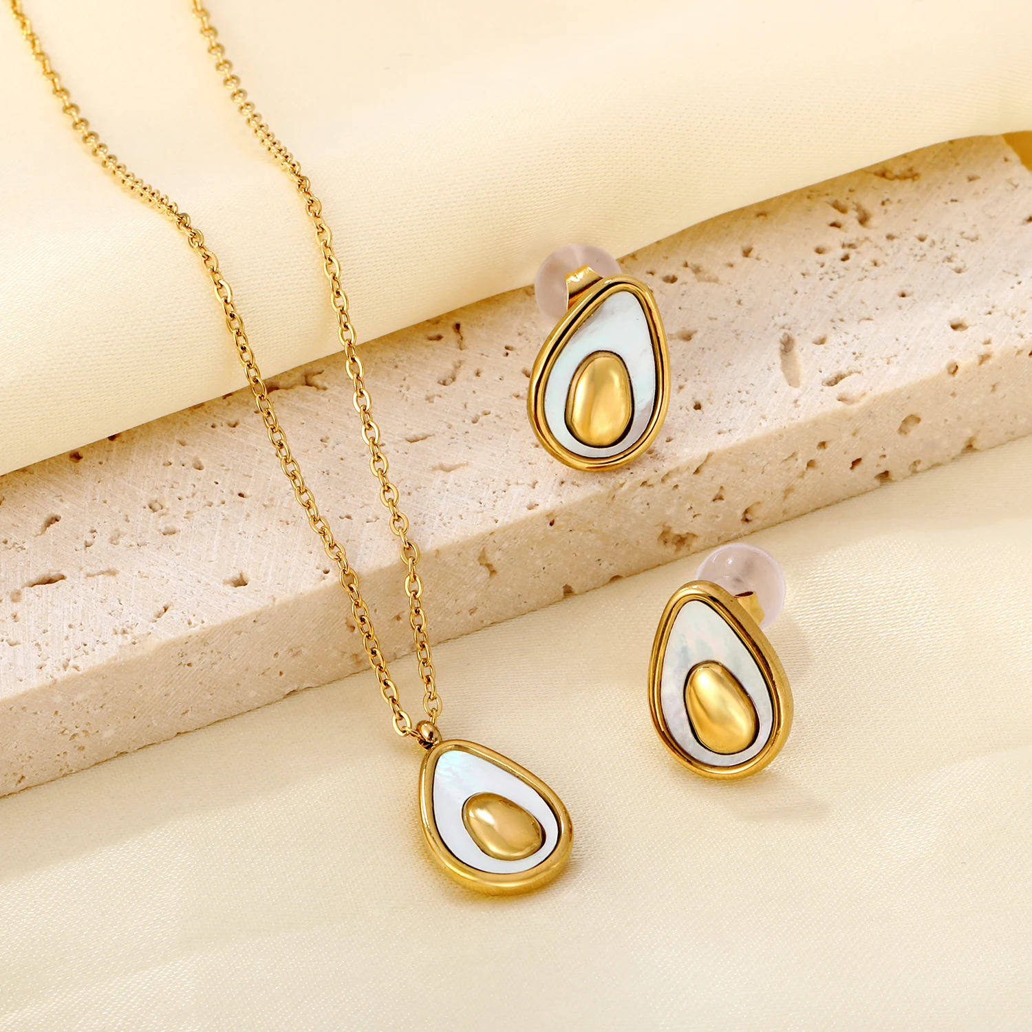 Fruit Avocado Pendant Necklace Earrings for Women Stainless Steel Jewelry Natural Shell Fashion Charm Clavicle Jewelry Party