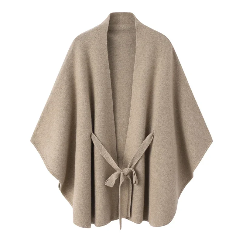 Capes & Ponchos 100% Cashmere Sweater Women Winter Warm Soft High Quality Luxury Belt Thick Batwing Sleeve V-Neck Poncho