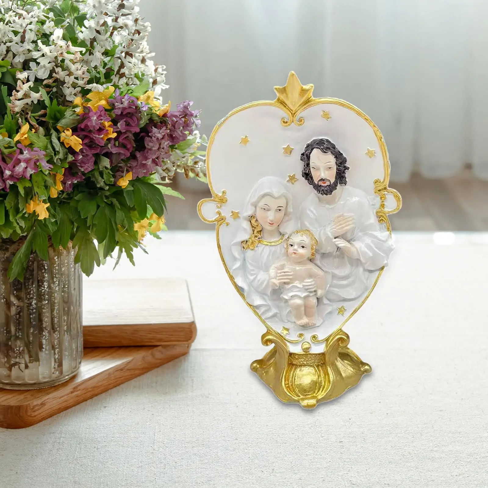 Nativity Scene Sculpture Craftsmanship Centerpiece Desk Display Resin Holy Family Figure for Shelf Tabletop Indoor Mantel Table