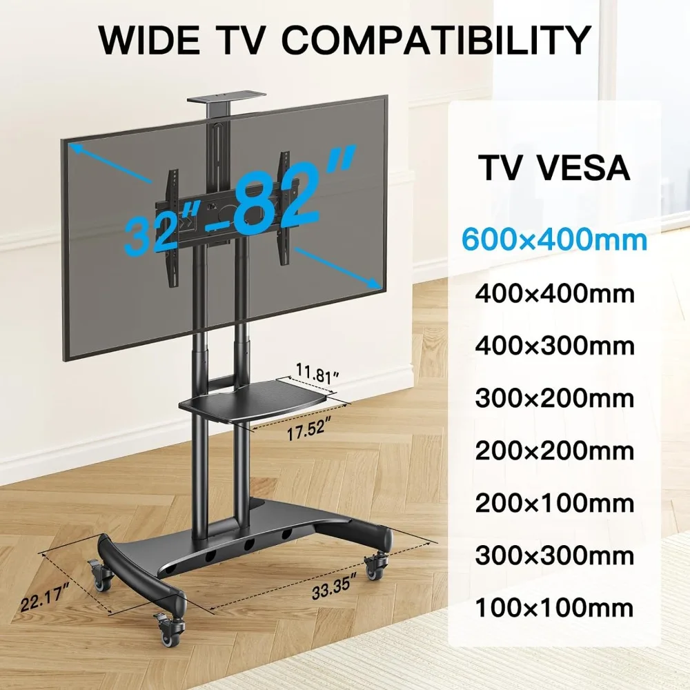 Rolling/Mobile TV Cart With Wheels for 32-82 Inch LCD LED 4K Flat Screen TVs - TV Floor Stand With Shelf Holds Up to 100 Lbs Ps5