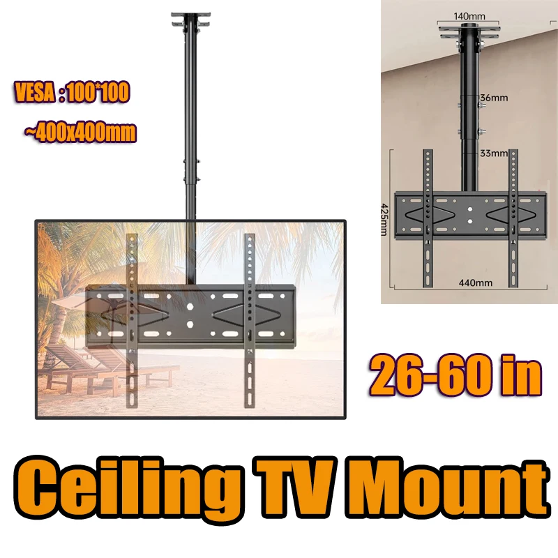 Ceiling TV Mount Swivel Tilt TV Mount Bracket for 26-60 in LED LCD Monitor Holder 6 Height Adjustable TV Stand 400x400mm 40kg
