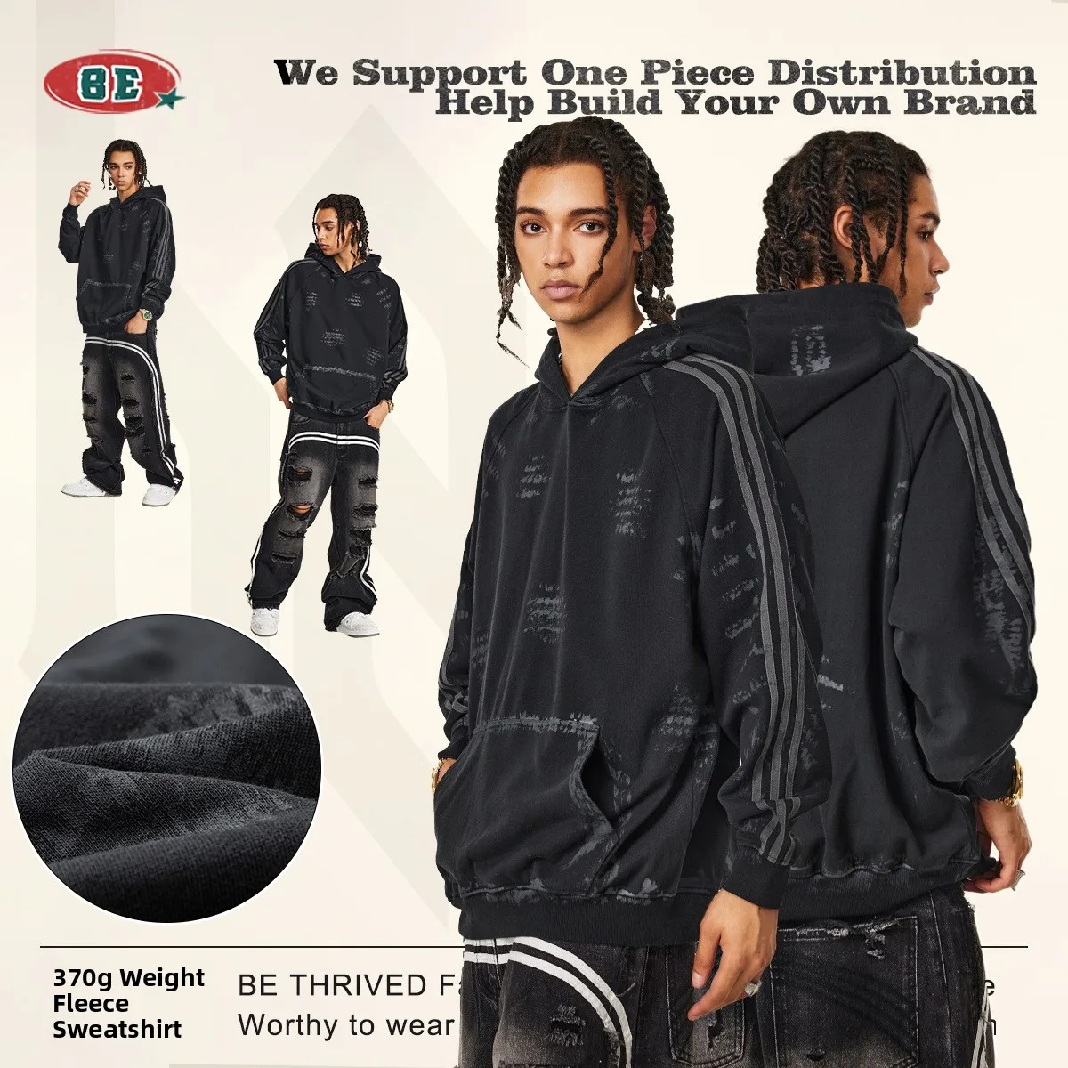 

Мужская толстовка с капюшоном в винтажном стиле, с эффектом потертости, ручной росписью, в стиле олдскул хип-хоп, хлопковая, утепленная, зимняя, пуловер