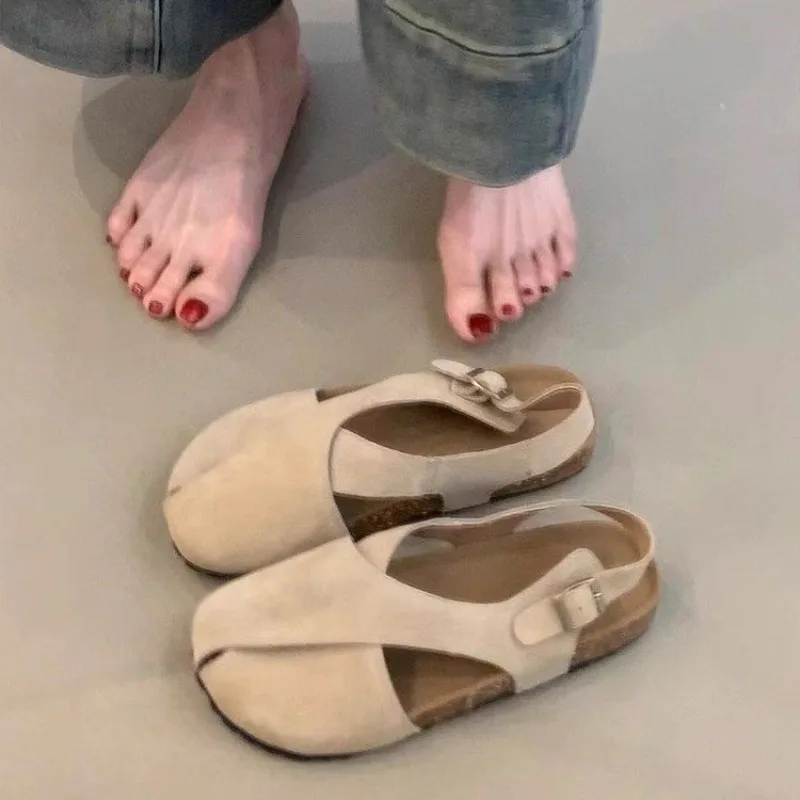 جديد ريترو عبر حزام الشقق المرأة جولة تو انقطاع تنفس خط واحد مشبك فرك الصنادل الجلدية عدم الانزلاق #4