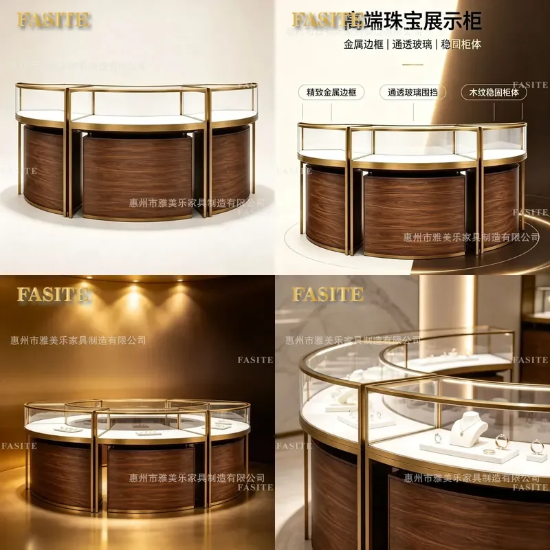 For Light Luxury Arc Jewelry Counter High End Watch Silver Display Cabinet Solid Wood Texture Shopping Mall Exhibition Hall