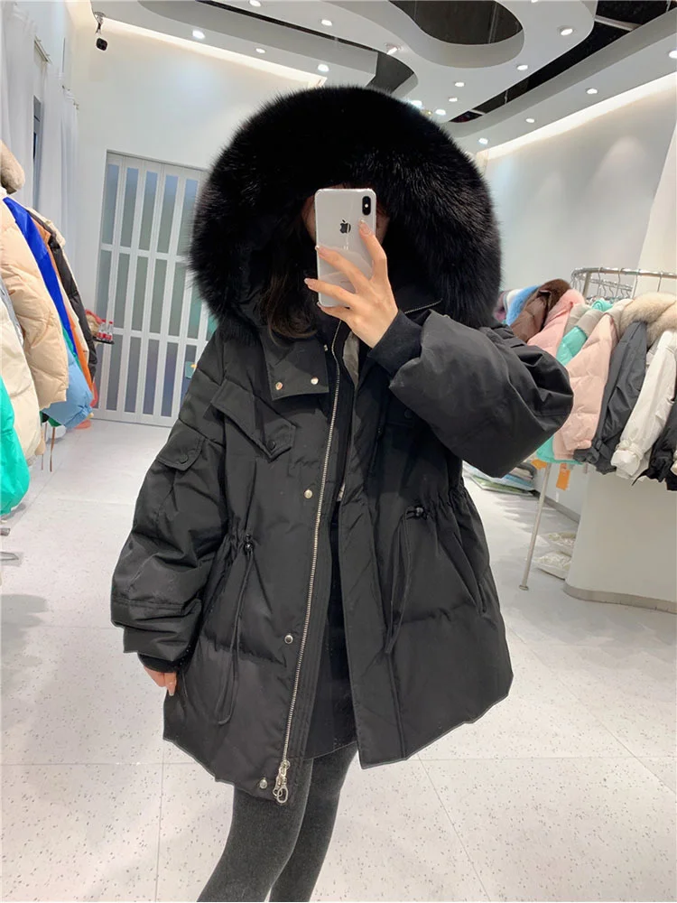 Winter Women Large 2023 Real Fox Fur Hooded Waterproof Puffer Jacket Thick Warm Loose 90% Duck Down Parka Female Snow Coat