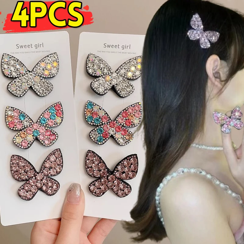 4pcs Rhinestone Butterfly Hair Clips for Women Glitter Shiny Hair Pins Headdress Girls Duckbill Hair Clips Styling Hairs Clips