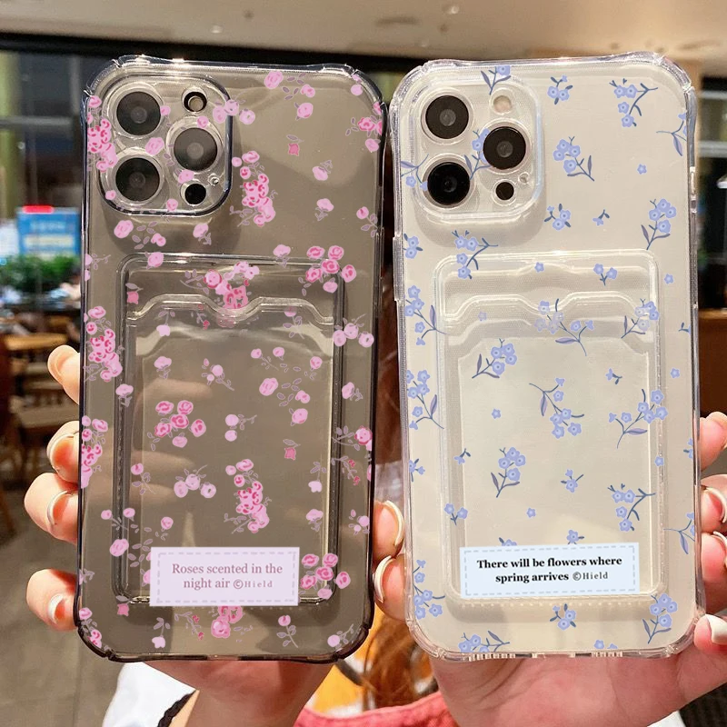 

Korean Cute Flower Clear Phone Case For iPhone 16 15 14 13 12 11 Pro Max XS X 7 8 Plus SE2 Wallet Card Bag Lens Protection Cover