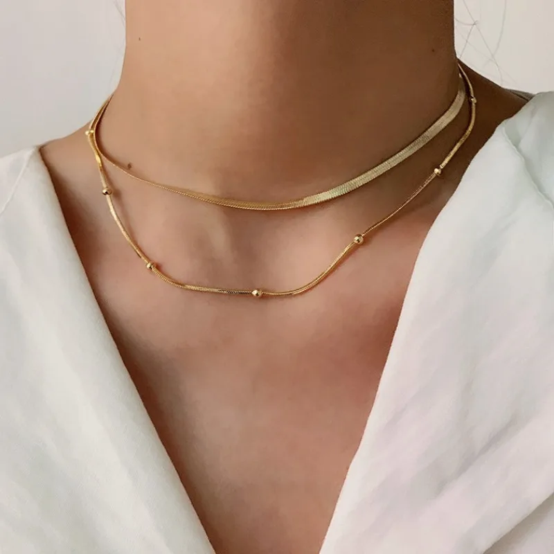 ALLNEWME Delicate Double Layered Snake Chain Beads Strand Chains Necklaces for Women  Gold PVD Plated Titanium Steel Chokers