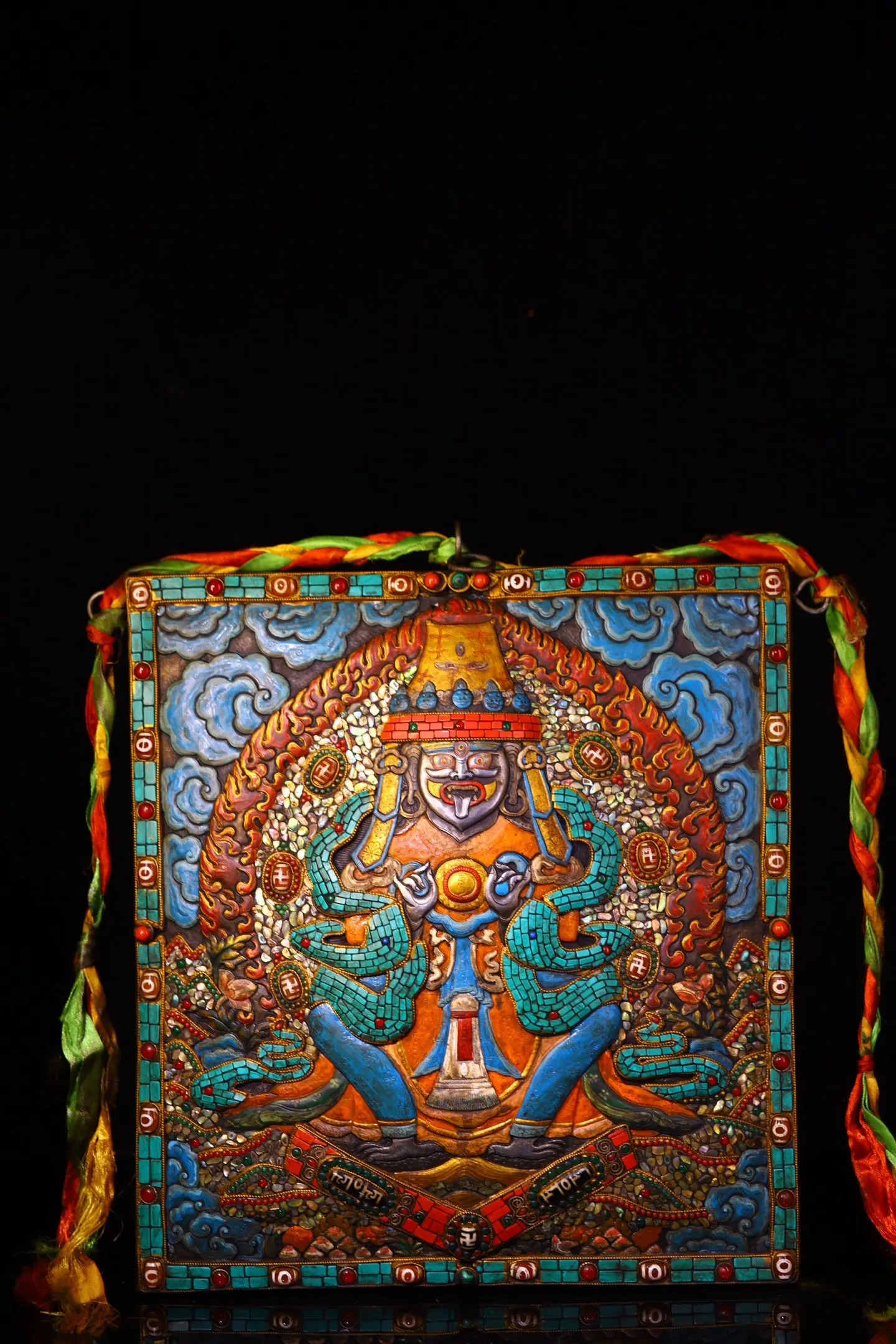Old Tiantie Painted Mosaic Gem gZi Beads Turquoise Cloud pattern Zakirim Station   Buddha Thangka Hanging screen Amulet Pendant