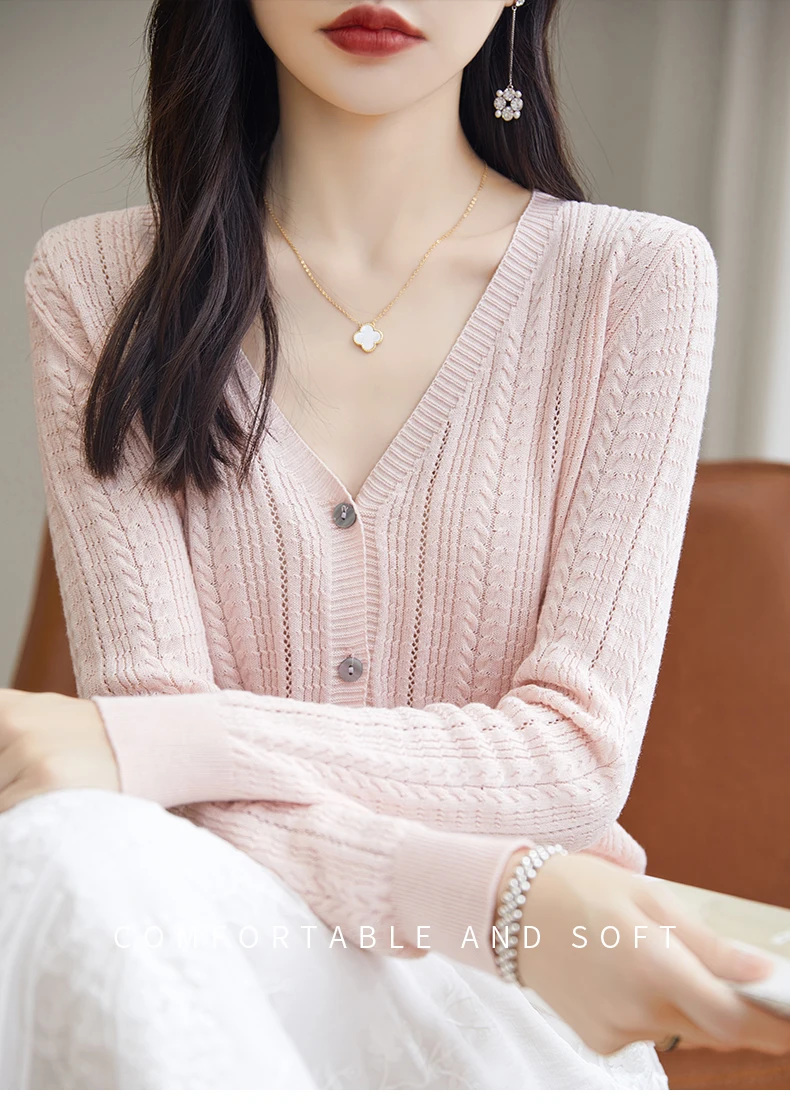 100% Cotton Spring/Summer Hollow v Neck Long Sleeved Sun Proof Air-Conditioned Shirt, Comfortable Fashionable Cardigan