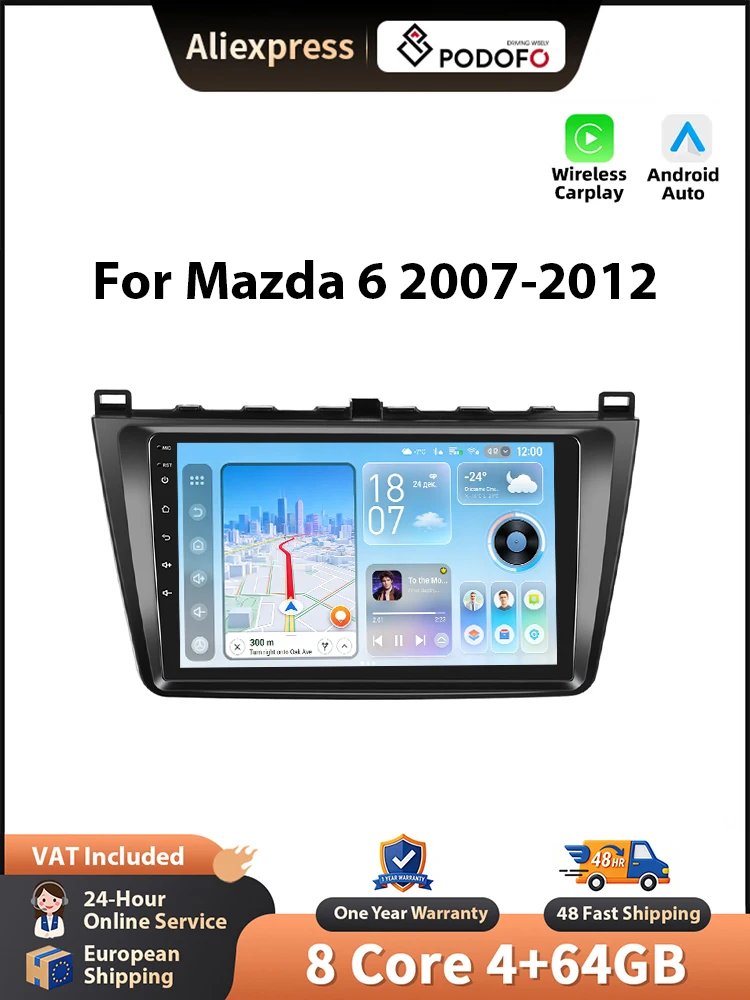 Podofo Android autoradio voor Mazda 6 Rui wing 2015-2019 draadloze CarPlay GPS WIFI FM/RDS head unit 2din EQ BT autostereo - afbeelding 2