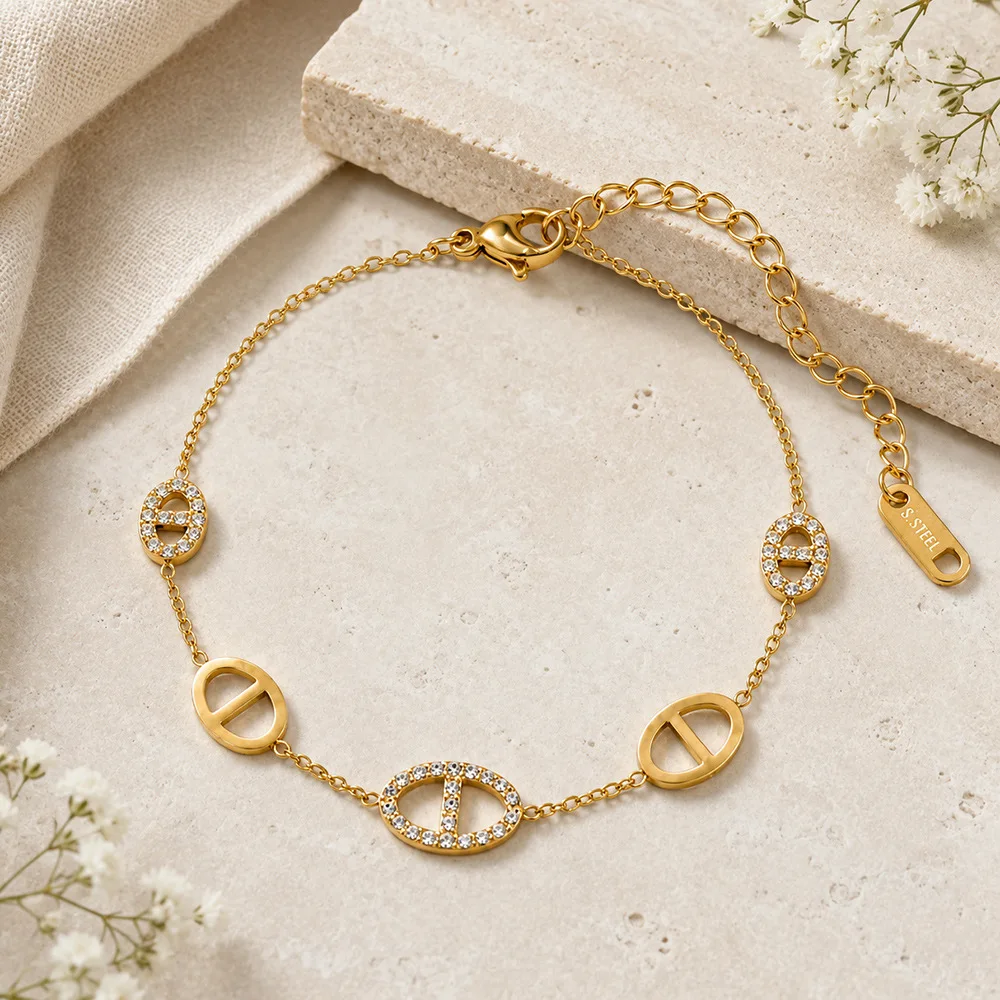 Women's 18k Gold Plated Multi Pig Nose Necklace Bracelet Set