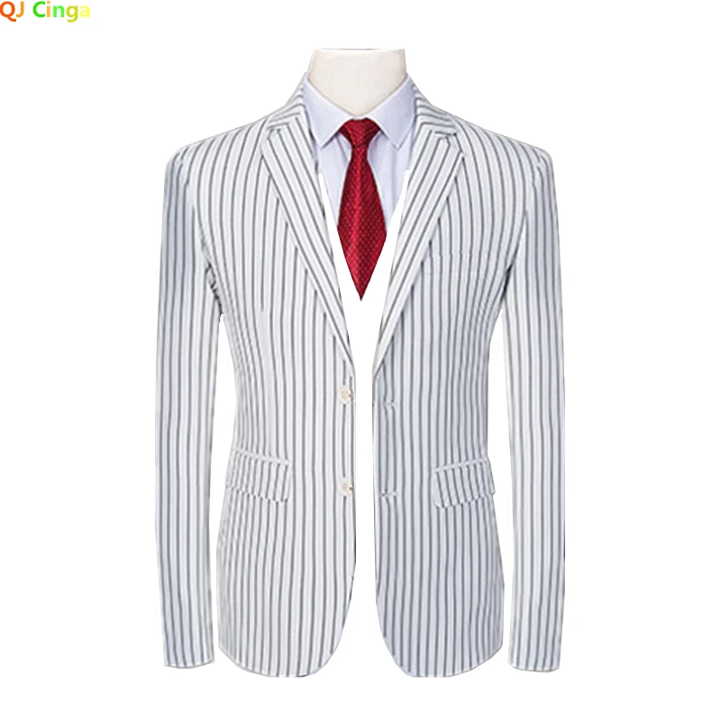 White Men's Vertical Striped Suit Jacket, Fashion Slim Dress Coat Blue Gray Blazers, Asian Size  M-5XL 6XL