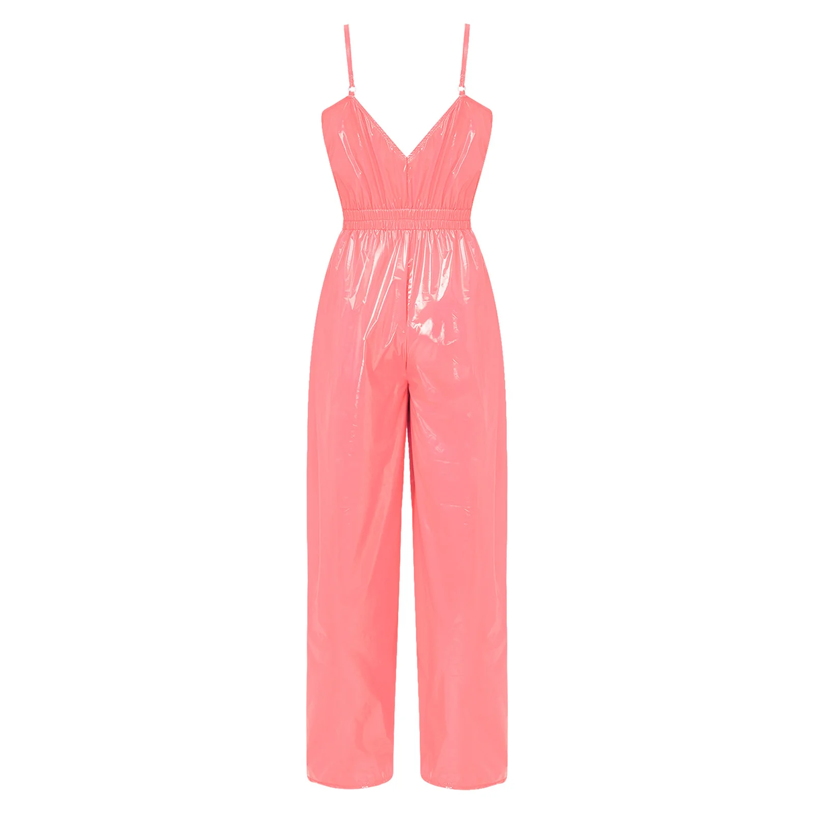 Womens Glossy Waterproof Jumpsuit V Neck Backless Straight Wide Leg Pants Romper for Burlesque Cabaret Stage Performance Show