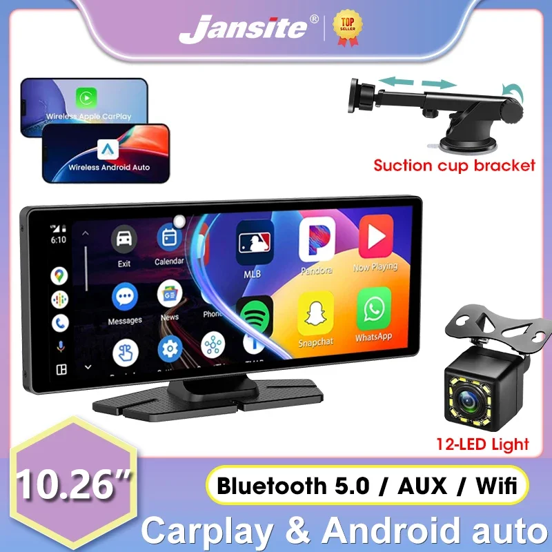 Jansite 10.26” Carplay Screen For Car Radio Multimedia Protable Video Player Wireless Carplay Android Auto Monitor with Bracket