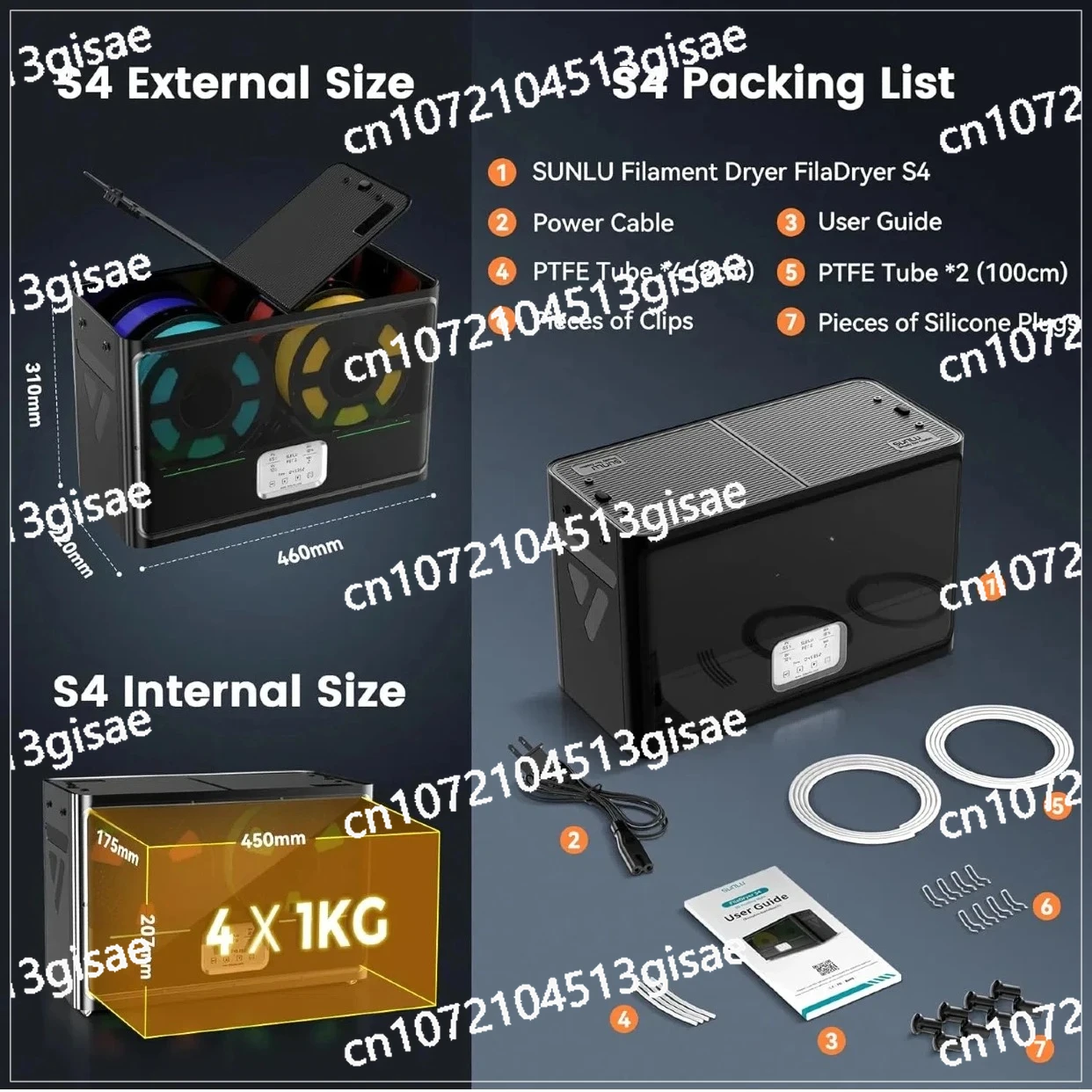 Filament Dryer 350W PTC Heater 70℃ Max Temp Sunlu S4 Dryer Box SUNLU S4 Filament Dryer Official 3D Printer 4 Spools 3KG Spool