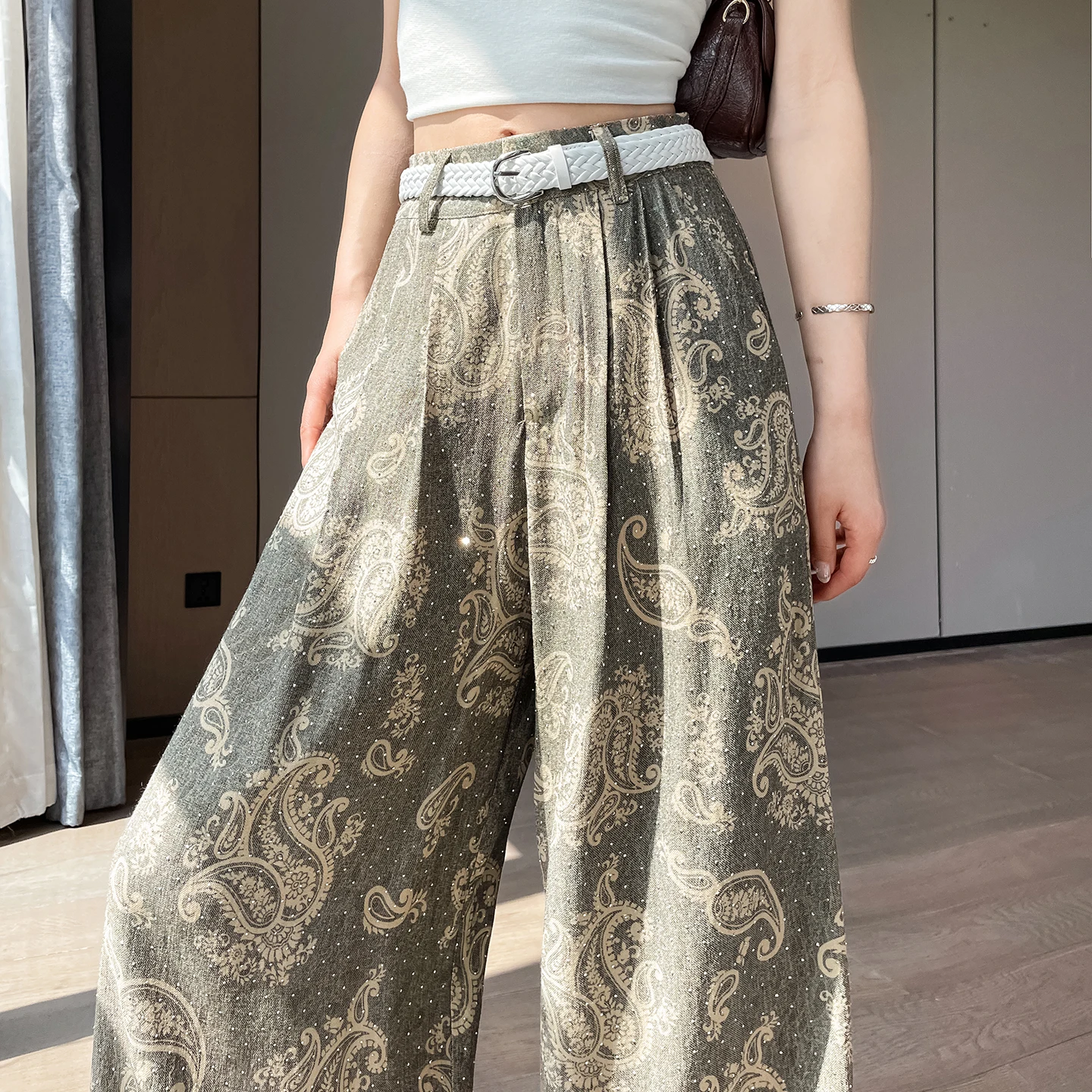 Summer 2026 Women's Loose Ice Silk Cotton Linen Wide Leg Pants Sparkling Diamond Dyed Print High Waist Belted Casual Trousers