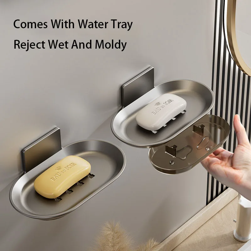 

Space Aluminum Soap Box Without Punching With Drain Tray Bathroom Wall Soap Storage Box Wall Hang Soap Rack