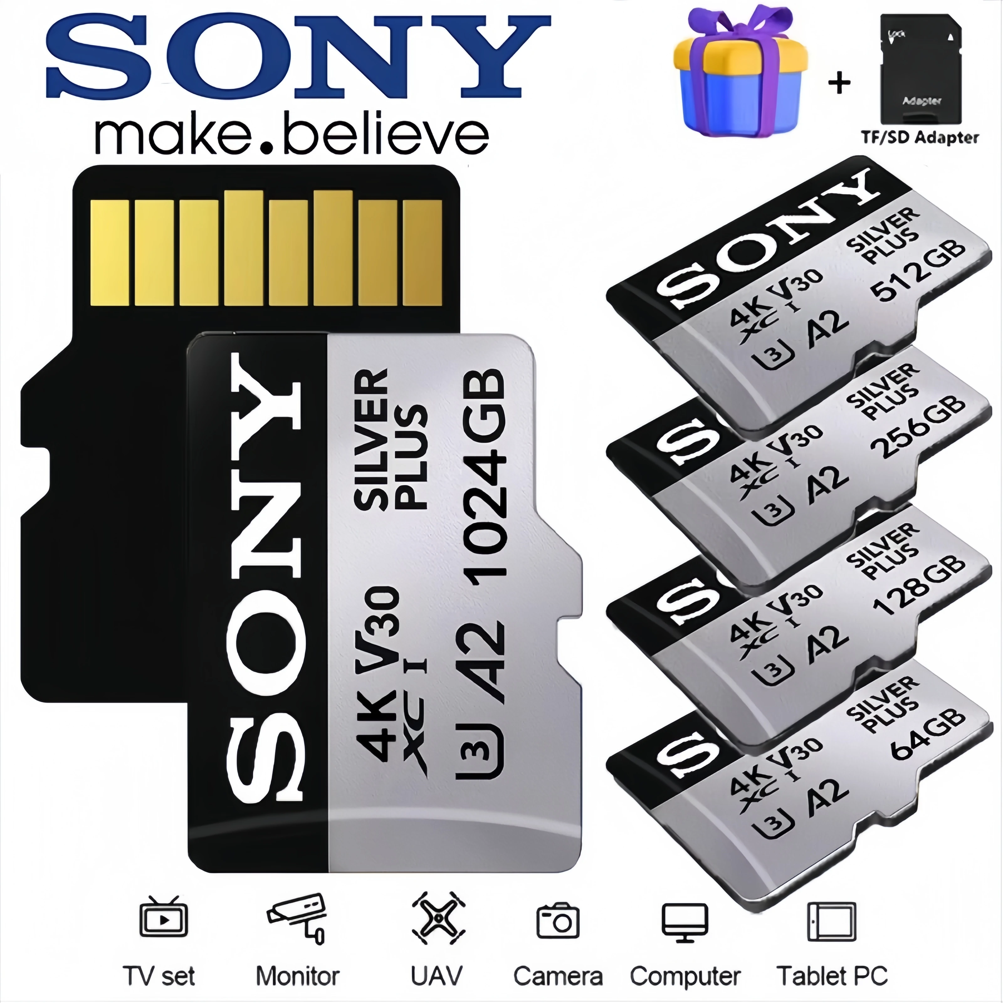 Cartão de Memória Micro TF SD Original SONY 1TB 512GB 256GB 128GB 64GB de Alta Velocidade para Celular, Câmera, Drone e PC