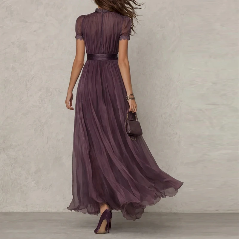 Elegantes Damenkleid mit V-Ausschnitt und Taillenbund, Puffärmeln, Spitze, A-Linie, Midi-Länge, schickes Sommerkleid für Party, Büro, Alltag, Freizeit, 2026 – Detail 6