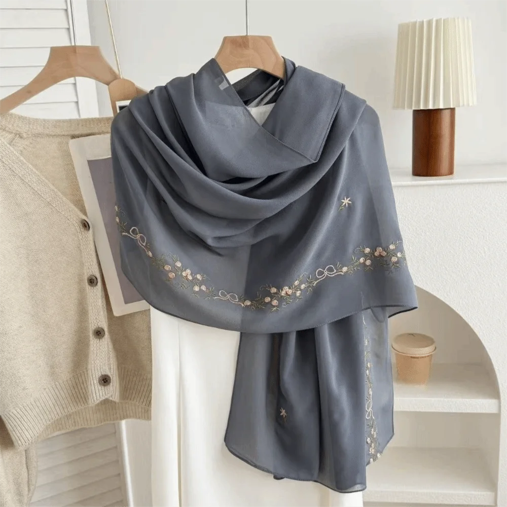 Elegant Sunscreen Floral Headscarf Long Cotton Thin Shawl Veil Solid Color Hijab Scarf Girls