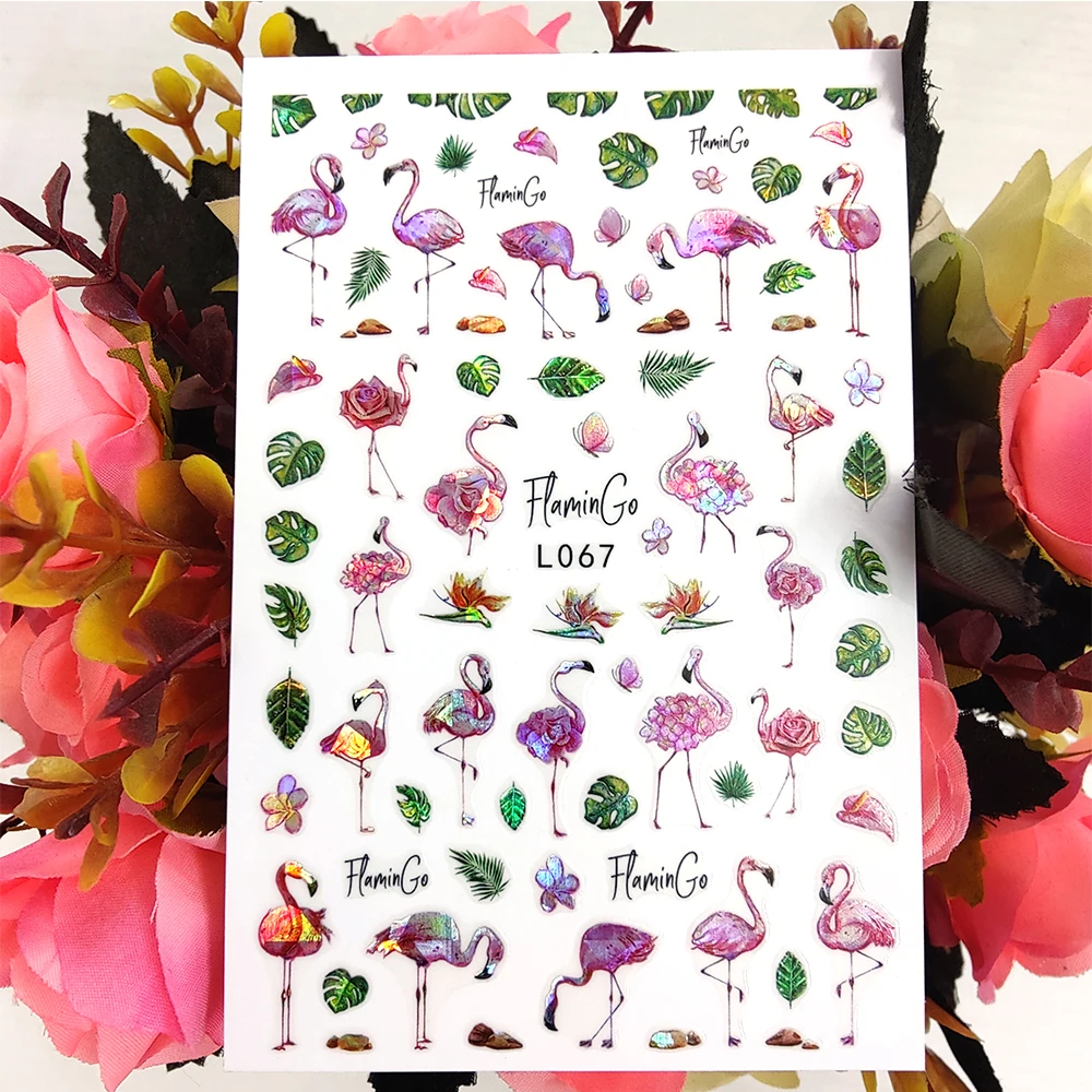 Laser 3D Nail Stickers Cute Flash Flamingo Nail Art Decorations Sliders Foil Reflective Rose Flowers Leaf Manicure Accessories