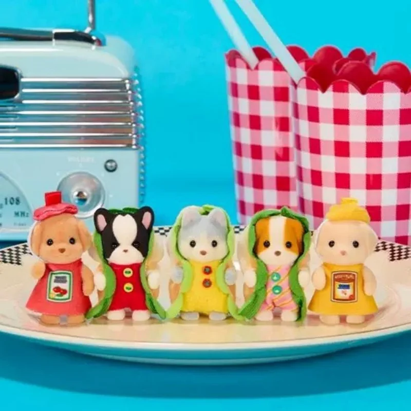 Ternurines sylvanian ครอบครัวของเล่นสําหรับสาว Bulldog แท้ Miniature อาหารแฮมเบอร์เกอร์เกมสําหรับเด็กสุนัขร้อน 5 สมบัติ