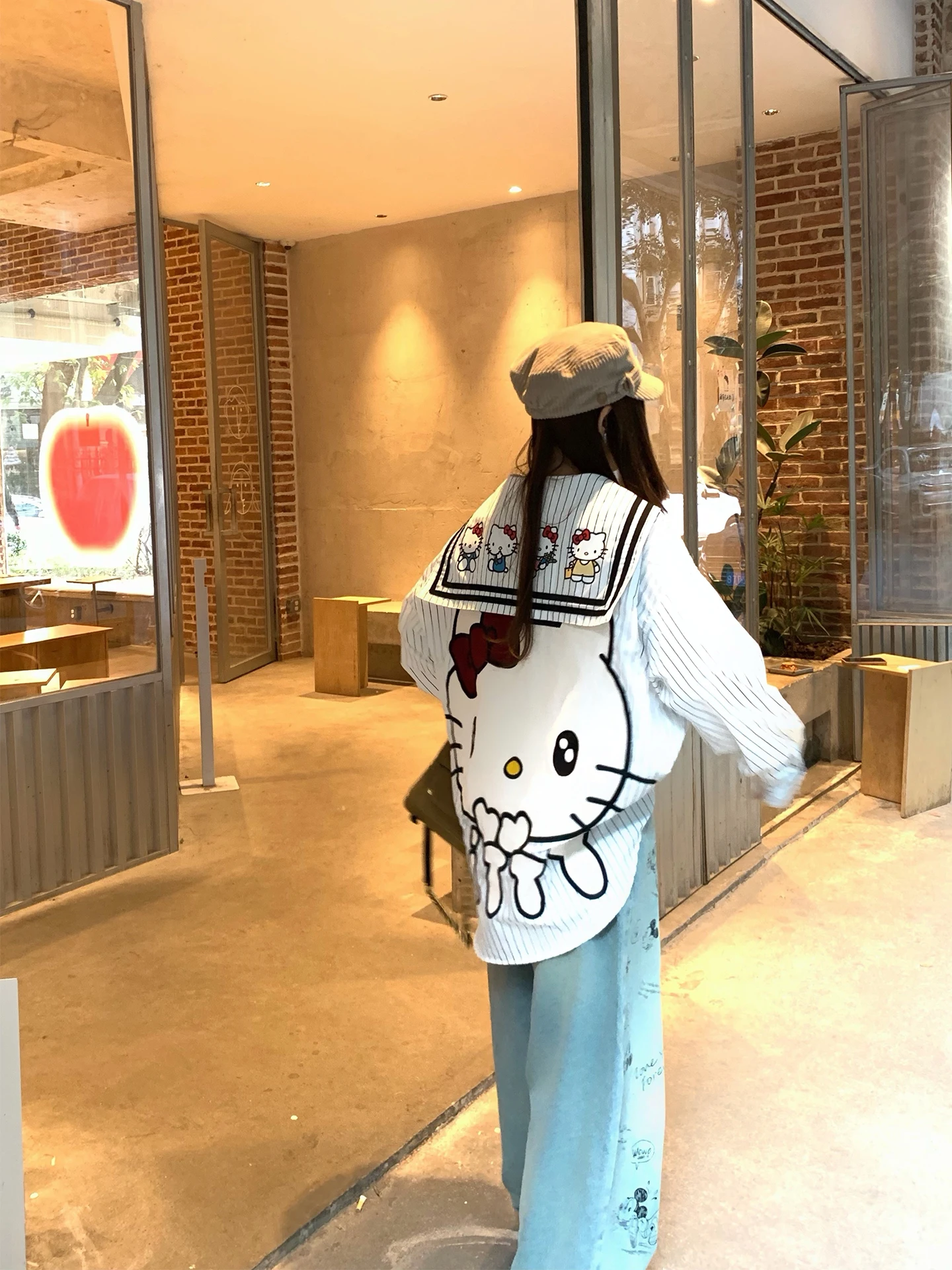 

Loose Striped Navy Collar Long Sve Kit Print Women's irt Preppy Sle Breathable Comfortable Summer Faion Top