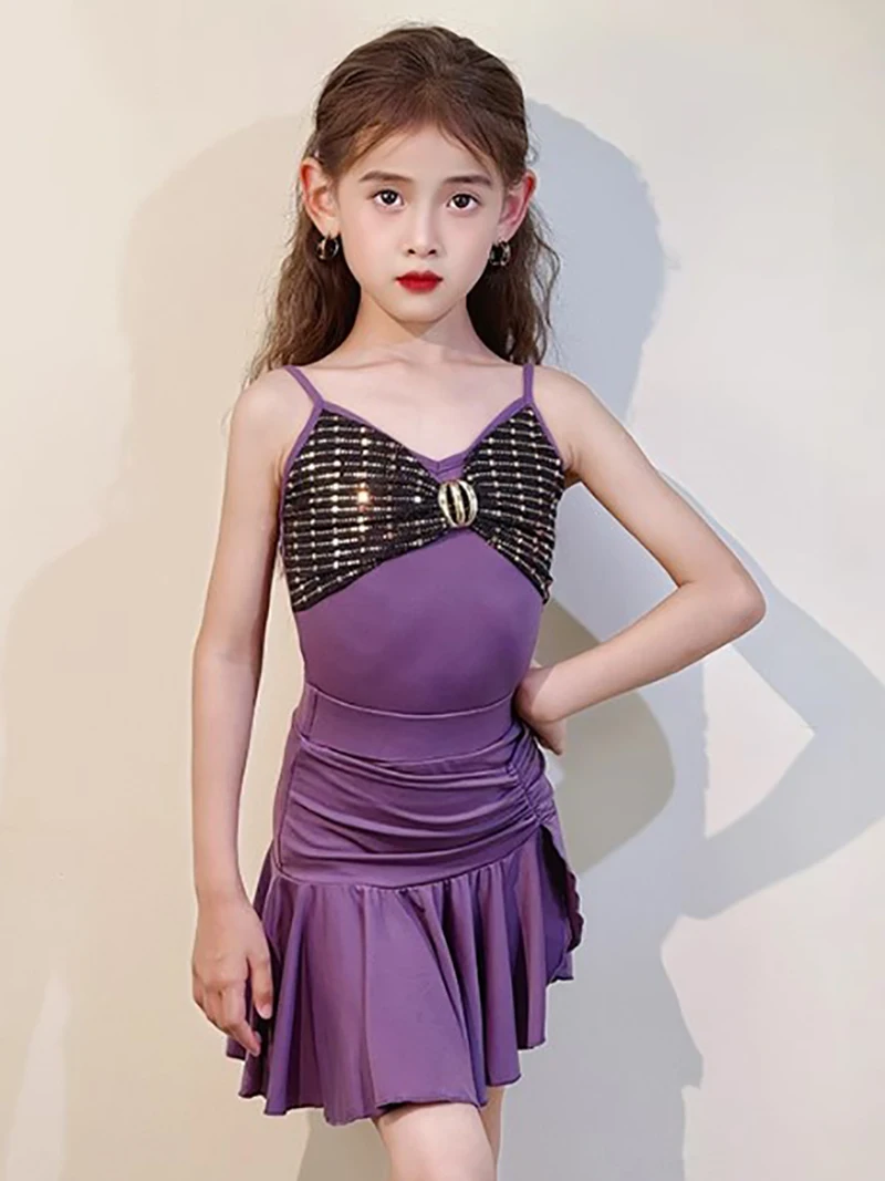 Combinaison de danse latine pour enfants filles, bretelles Spaghetti et jupe fendue plissée, vêtements de danse, Costumes de compétition d'entraînement en salle de bal